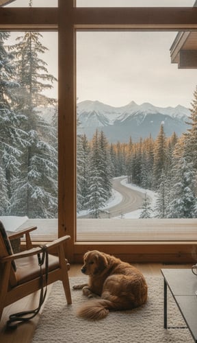 Modern cabin interior with large windows framing snowy mountains, forest, and winding road; dog resting on floor near fireplace.